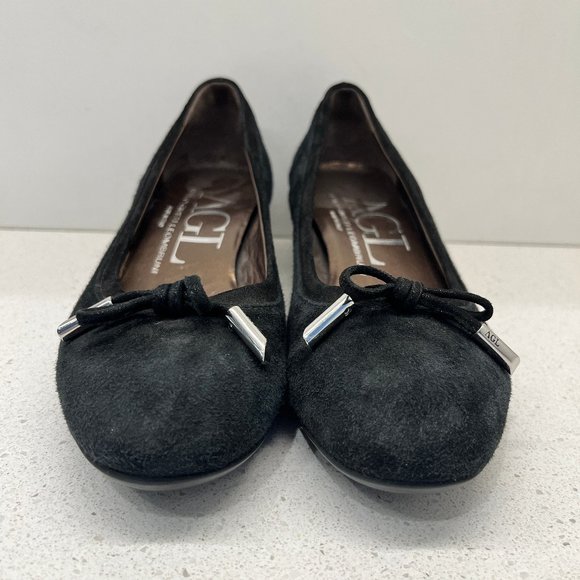 AGL Pump Black Leather Suede Shoes Round Toe Bow Accent Block Heels Sz 36 1/2 - Picture 3 of 14